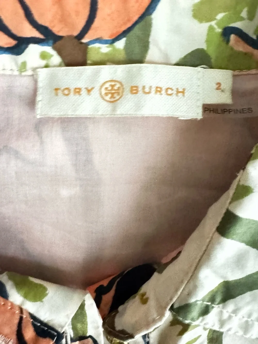 Tory Burch Cream Floral Shirt Dress with Pink and Green Accents Size 2